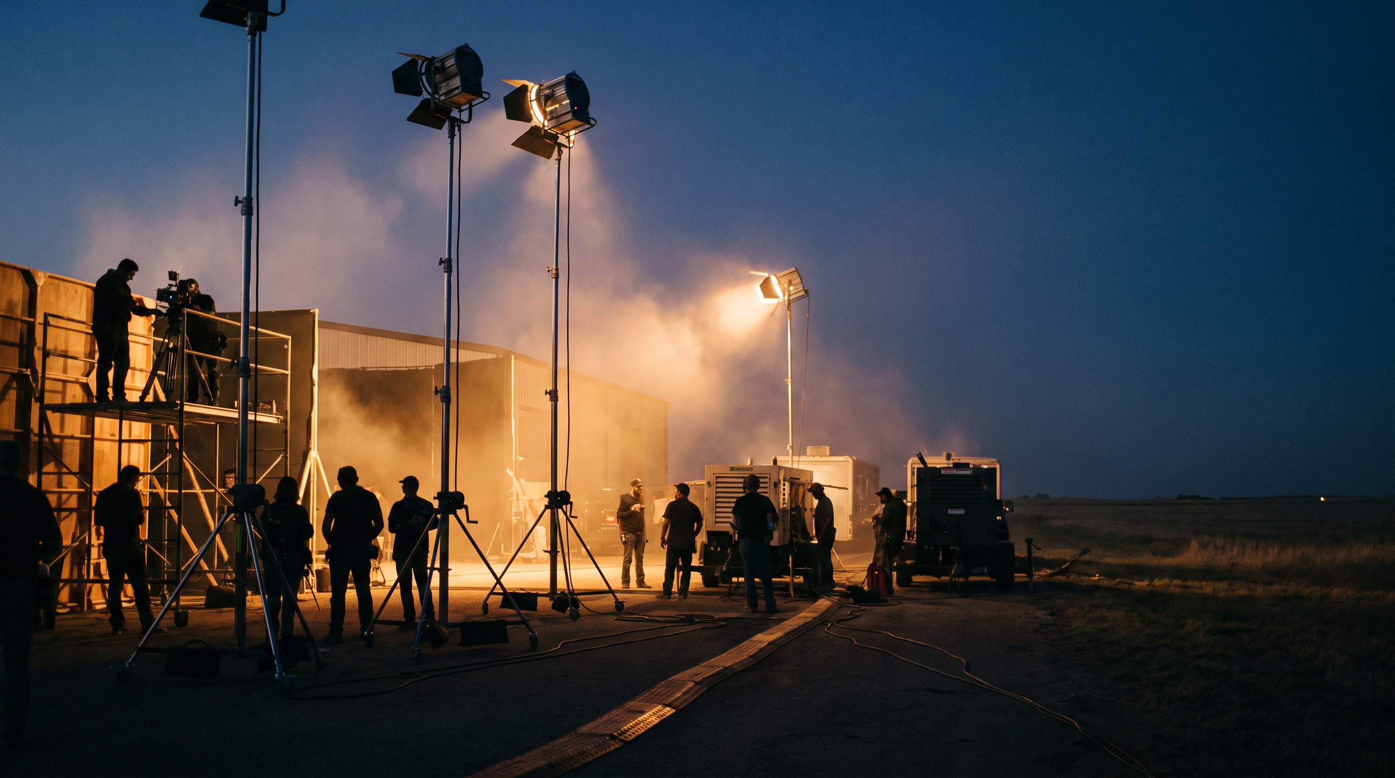 Film production crew working on a lit soundstage set at dusk