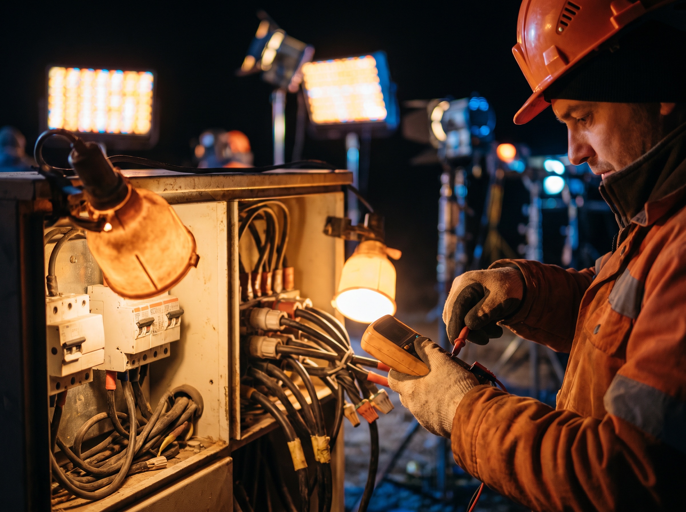 Licensed technician servicing an electrical panel on a film set at night